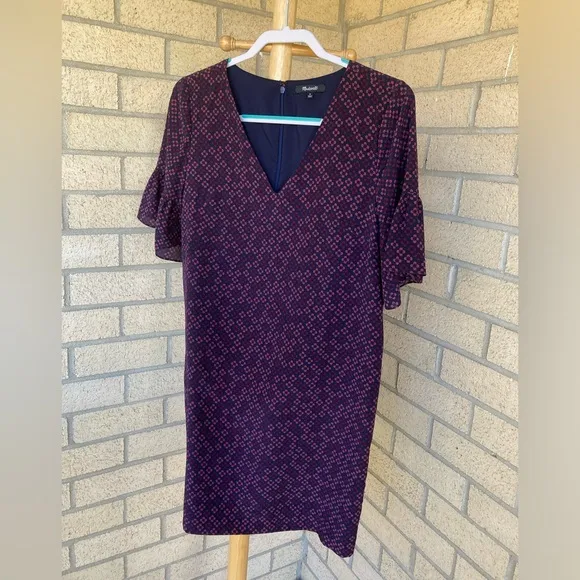 Madewell 100% Silk Floral Painted Clover Ruffle Bell Sleeve Dress