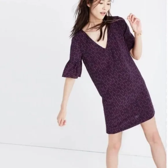 Madewell 100% Silk Floral Painted Clover Ruffle Bell Sleeve Dress