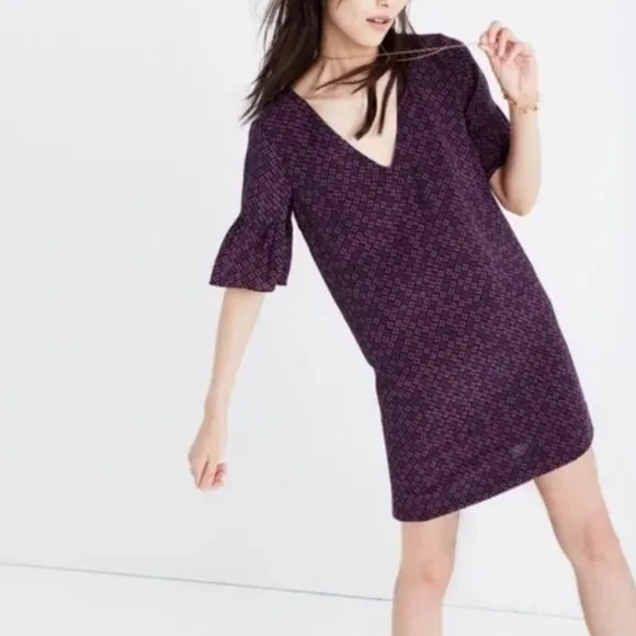 Madewell 100% Silk Floral Painted Clover Ruffle Bell Sleeve Dress