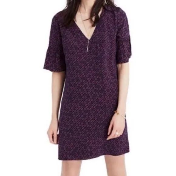 Madewell 100% Silk Floral Painted Clover Ruffle Bell Sleeve Dress