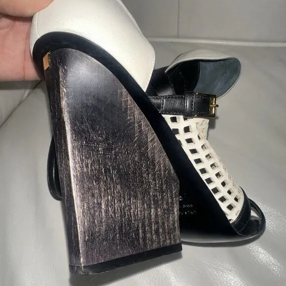 Maiyet Black White Sandals Peep Toe Leather Wood Heels Shoes Sz 40 9.5-10M