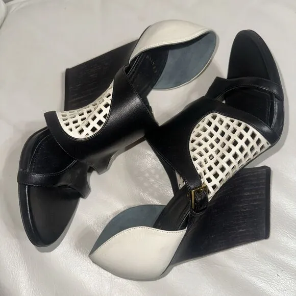 Maiyet Black White Sandals Peep Toe Leather Wood Heels Shoes Sz 40 9.5-10M
