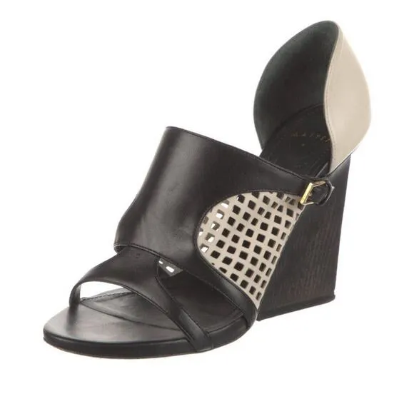 Maiyet Black White Sandals Peep Toe Leather Wood Heels Shoes Sz 40 9.5-10M