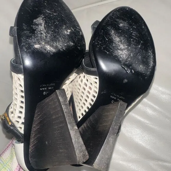 Maiyet Black White Sandals Peep Toe Leather Wood Heels Shoes Sz 40 9.5-10M