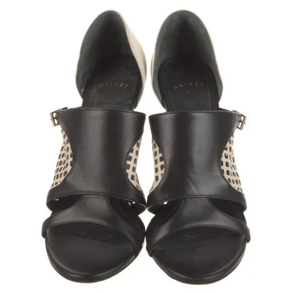 Maiyet Black White Sandals Peep Toe Leather Wood Heels Shoes Sz 40 9.5-10M