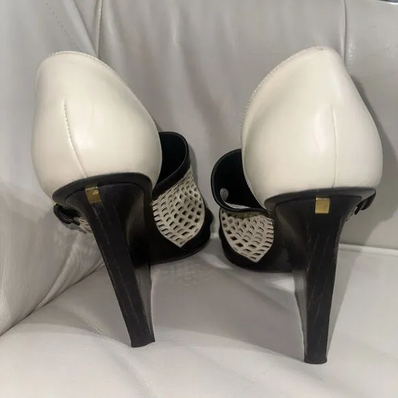 Maiyet Black White Sandals Peep Toe Leather Wood Heels Shoes Sz 40 9.5-10M