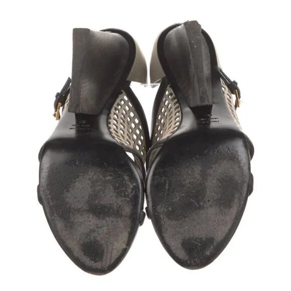 Maiyet Black White Sandals Peep Toe Leather Wood Heels Shoes Sz 40 9.5-10M