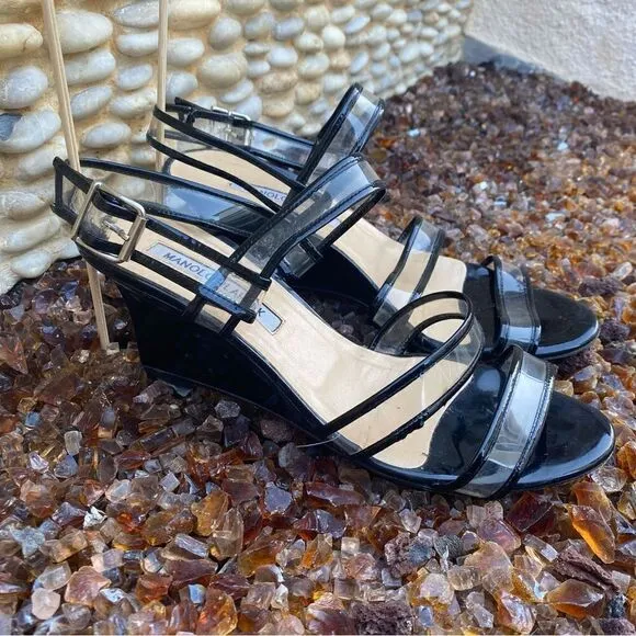 Manolo Blahnik Black &amp; Clear Patent Leather Wedge Sandals. Size 7.5 (38). EUC!