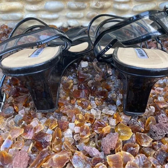 Manolo Blahnik Black &amp; Clear Patent Leather Wedge Sandals. Size 7.5 (38). EUC!