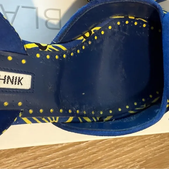 Manolo Blahnik • Blue and Yellow Mayslibi 50mm Slingback Heels • 41.5