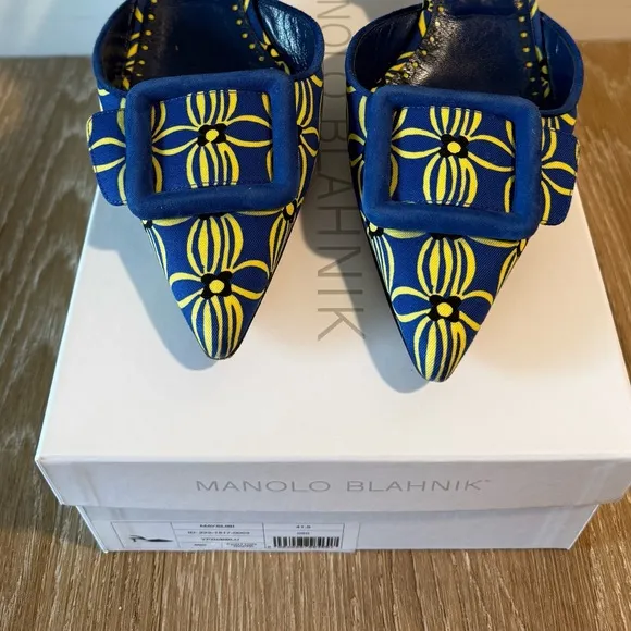 Manolo Blahnik • Blue and Yellow Mayslibi 50mm Slingback Heels • 41.5