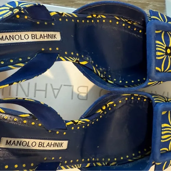 Manolo Blahnik • Blue and Yellow Mayslibi 50mm Slingback Heels • 41.5