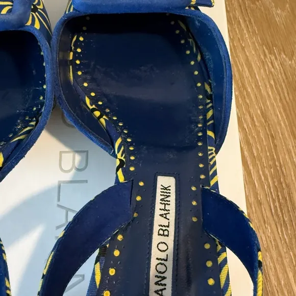 Manolo Blahnik • Blue and Yellow Mayslibi 50mm Slingback Heels • 41.5