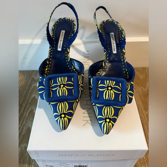 Manolo Blahnik • Blue and Yellow Mayslibi 50mm Slingback Heels • 41.5