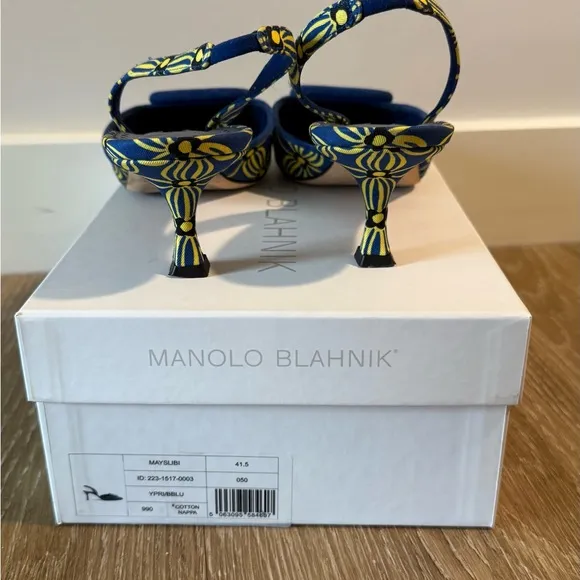 Manolo Blahnik • Blue and Yellow Mayslibi 50mm Slingback Heels • 41.5