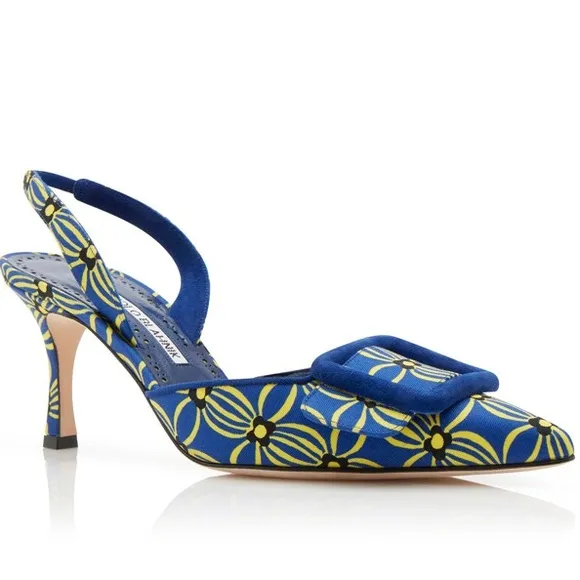 Manolo Blahnik • Blue and Yellow Mayslibi 50mm Slingback Heels • 41.5