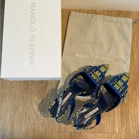 Manolo Blahnik • Blue and Yellow Mayslibi 50mm Slingback Heels • 41.5