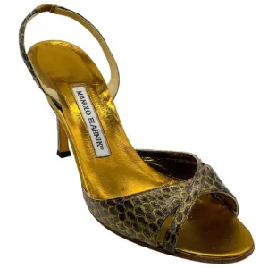 Manolo Blahnik Bronze Snake Slingback Sandals