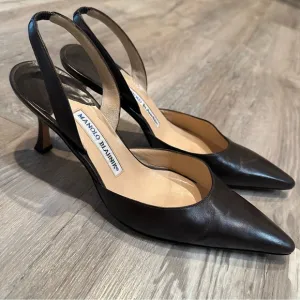 MANOLO BLAHNIK Shoes Women 38.5 Pointed Toe Sling Back Brown Office Work Leather