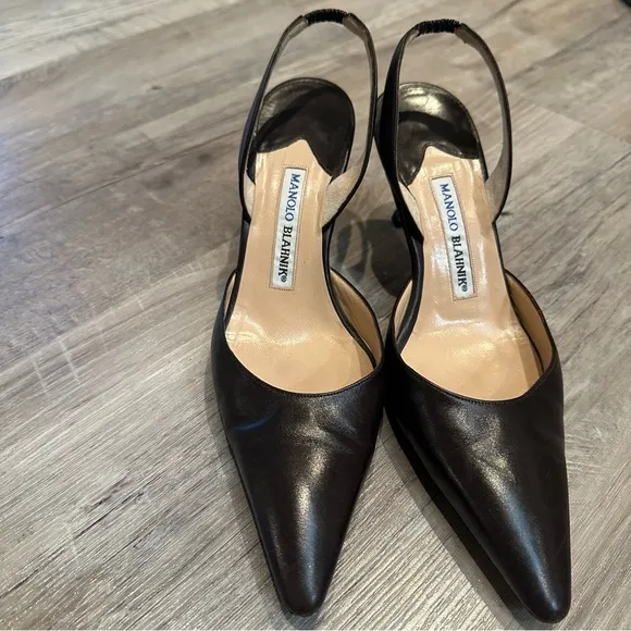 MANOLO BLAHNIK Shoes Women 38.5 Pointed Toe Sling Back Brown Office Work Leather