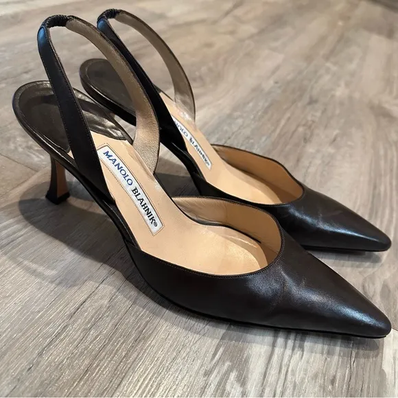 MANOLO BLAHNIK Shoes Women 38.5 Pointed Toe Sling Back Brown Office Work Leather