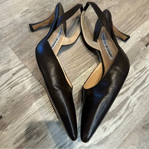 MANOLO BLAHNIK Shoes Women 38.5 Pointed Toe Sling Back Brown Office Work Leather