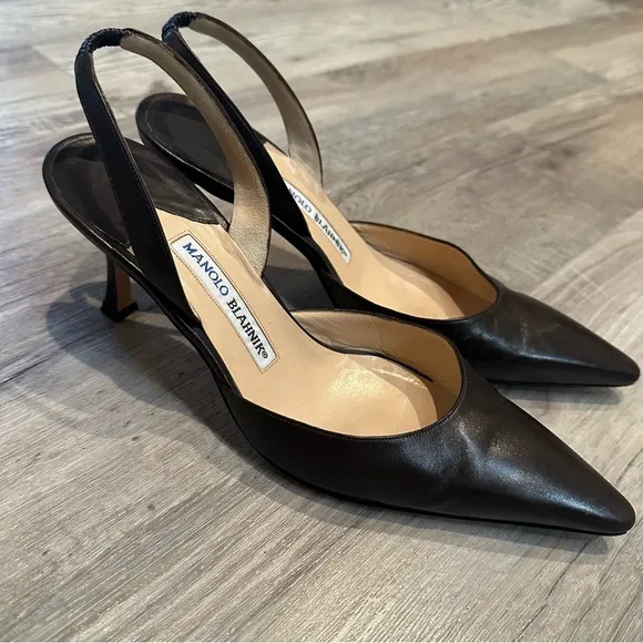 MANOLO BLAHNIK Shoes Women 38.5 Pointed Toe Sling Back Brown Office Work Leather