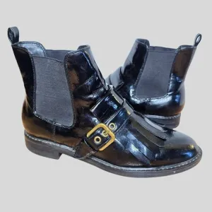 Marc Fisher Brigita Booties 8.5M Black Patent Chelsea Kiltie Buckle Ankle Boots