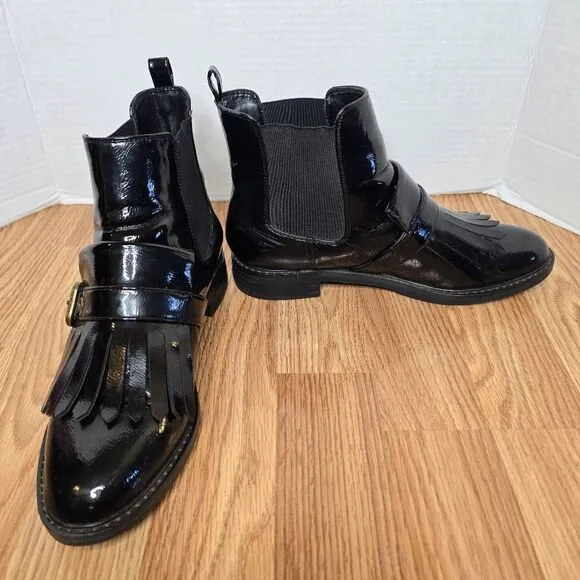 Marc Fisher Brigita Booties 8.5M Black Patent Chelsea Kiltie Buckle Ankle Boots