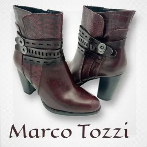 Marco Tozzi Boots Women's 37 US 6.5 Strappy Side Zipper Burgundy Ankle Boots