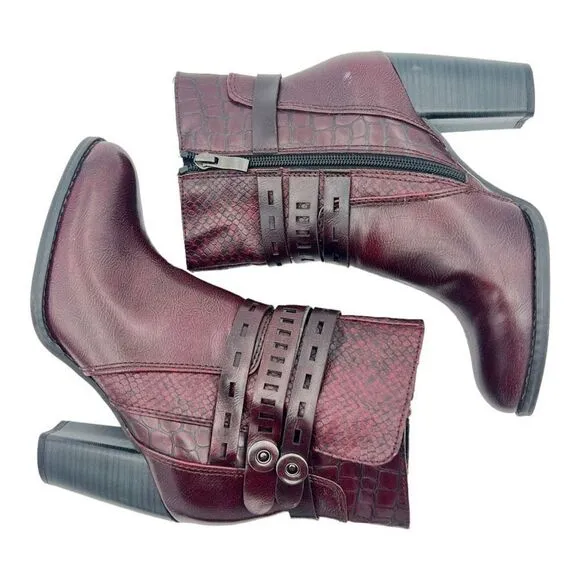Marco Tozzi Boots Women's 37 US 6.5 Strappy Side Zipper Burgundy Ankle Boots