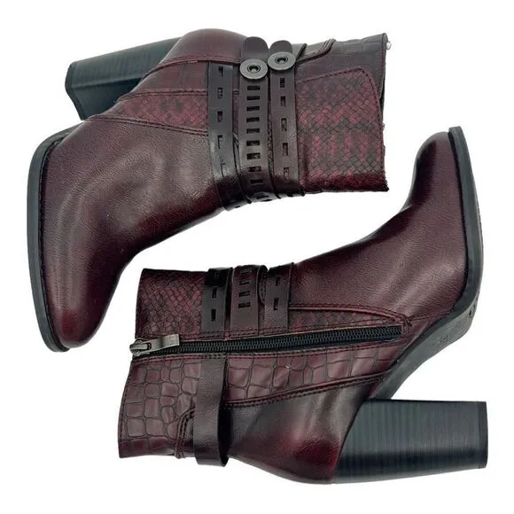 Marco Tozzi Boots Women's 37 US 6.5 Strappy Side Zipper Burgundy Ankle Boots
