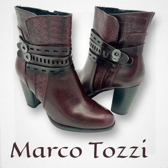Marco Tozzi Boots Women's 37 US 6.5 Strappy Side Zipper Burgundy Ankle Boots
