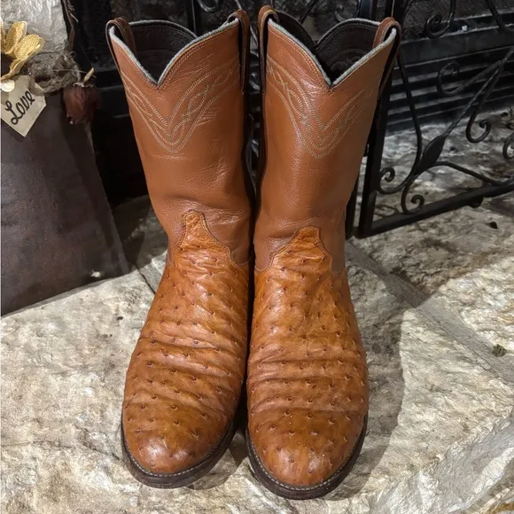 Men's Brown Ostrich/Leather Cowboy Boots size 9 EE