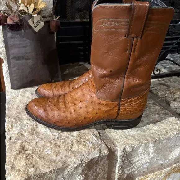 Men's Brown Ostrich/Leather Cowboy Boots size 9 EE