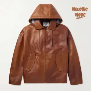 Men’s Brown Shearling Leather Hoodie – Warm Hooded Jacket, Genuine Leather, Winter Outerwear, Stylish & Durable