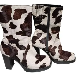 MIA Cowhide Hair Boots Block Heel Leather Size 8.5 Made in Brazil Vintage 90's