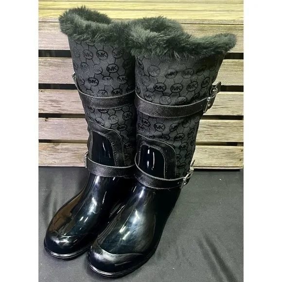 Michael Kors Woman's Size 8 Fulton Monogram Jacquard Rubber Rainboot Black