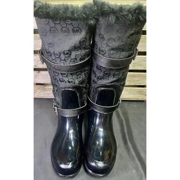 Michael Kors Woman's Size 8 Fulton Monogram Jacquard Rubber Rainboot Black