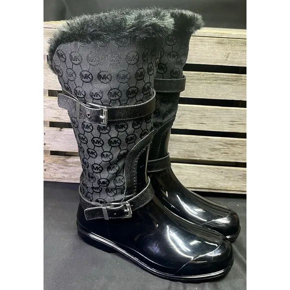 Michael Kors Woman's Size 8 Fulton Monogram Jacquard Rubber Rainboot Black