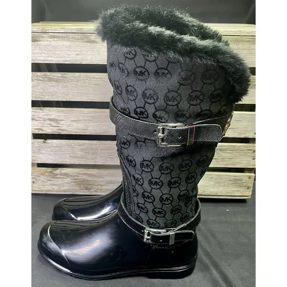 Michael Kors Woman's Size 8 Fulton Monogram Jacquard Rubber Rainboot Black