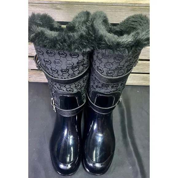 Michael Kors Woman's Size 8 Fulton Monogram Jacquard Rubber Rainboot Black