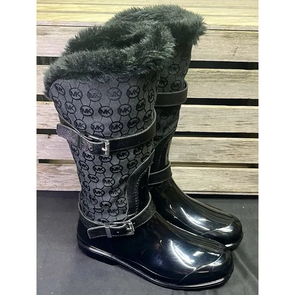 Michael Kors Woman's Size 8 Fulton Monogram Jacquard Rubber Rainboot Black