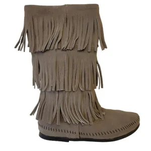 Minnetonka Suede Calf Hi 3-Layer Fringe Moccasin Pocahontas Cowgirl Western Boot