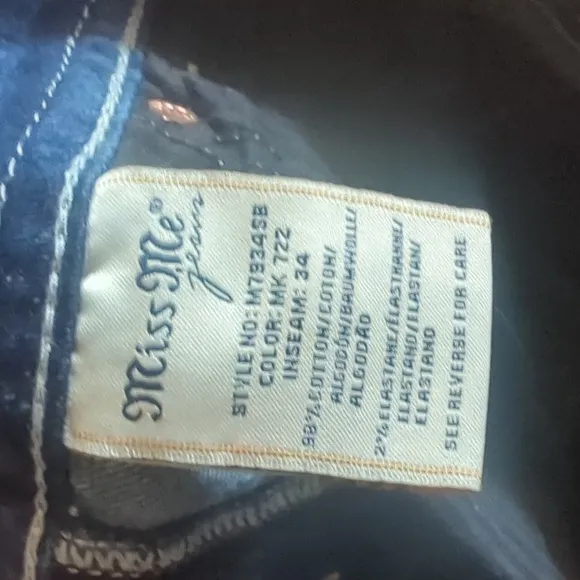 MISS ME &quot;slim bootcut&quot; medium wash denim jeans sz27x34L distressing &amp; bling TALL