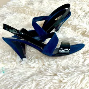Miu Miu Navy Blue Suede Black Patent Leather Slingback Heels Sandals Size 9.5