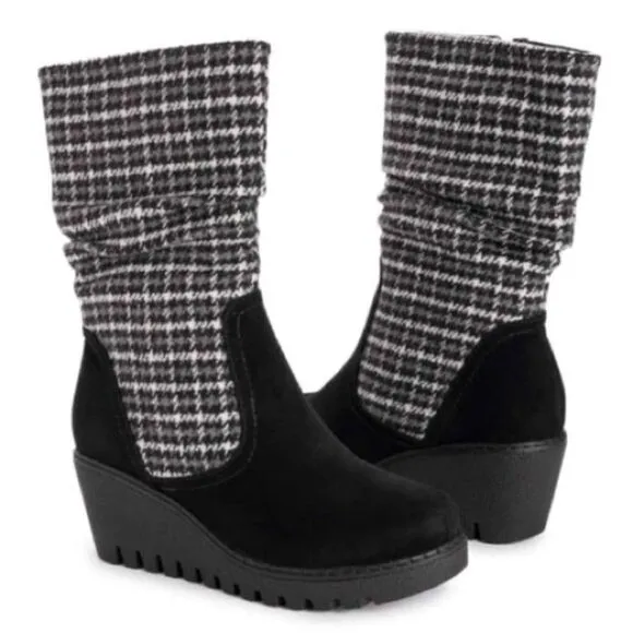 MUK LUKS Vermont Stowe Black White Houndstooth Mid Calf Slouch Wedge Boots 9.5
