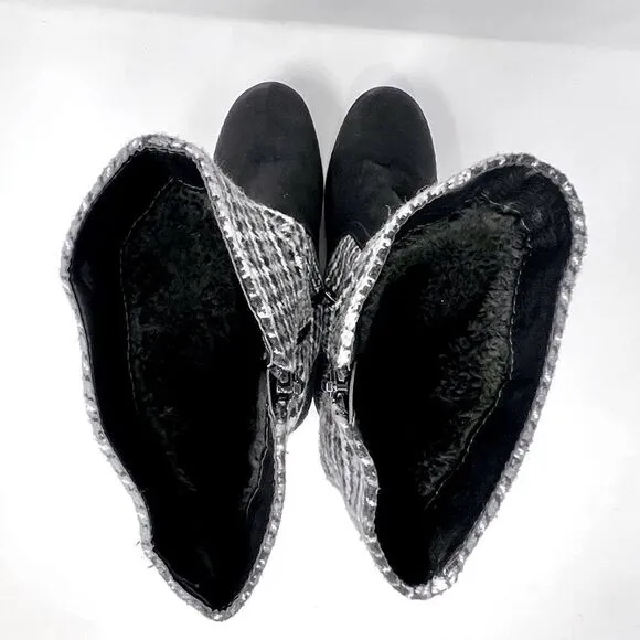 MUK LUKS Vermont Stowe Black White Houndstooth Mid Calf Slouch Wedge Boots 9.5