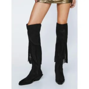Nasty Gal Women's Black Fringe Cowboy Boots Faux Suede Western Size 39 Festival