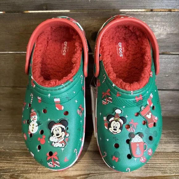 New $65 Big Kids Crocs Disney Mickey Mouse Holiday Lined Sandals Shoes Size 2‎ Y